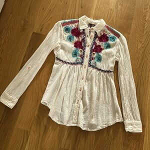 JOHNNY WAS Floral Embroidered Flowered Button Down Gauzy Shirt Size XS EUC
